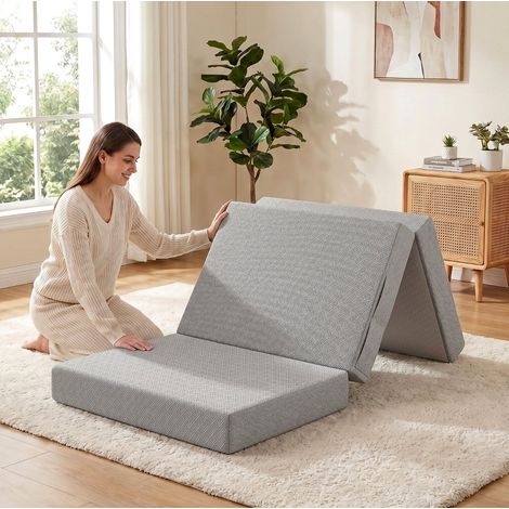 Colchón plegable 90 x 200 cm, 15 cm, 3 pliegues, funda lavable, gris claro OKMYHOME (1/5)