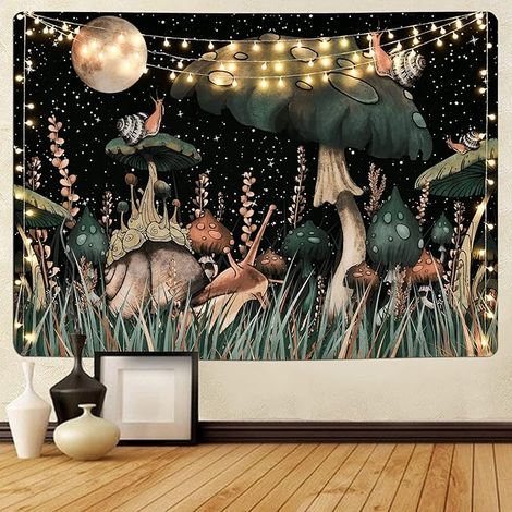 BEBUSINGOTO Tapisserie champignon, lune et étoiles, tapisserie d'escargot, plante et feuilles, tapisserie murale à suspendre (51,2 x 59,1 pouces) (1/5)