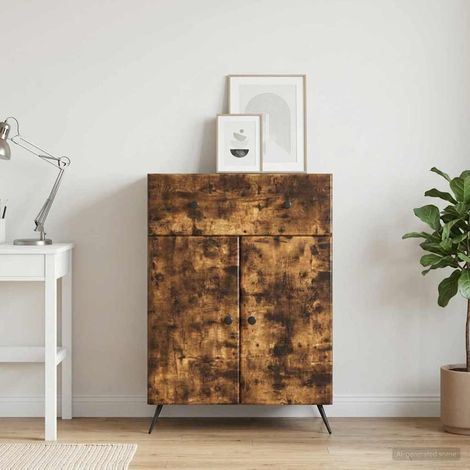 Buffet 1 tiroir 2 portes en bois d’ingénierie chêne fumé 66 x 34,5 x 90 cm, 27.2kg - PANGIVO (1/5)