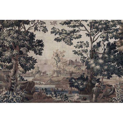 Papier peint panoramique foret féerique effet animé Tapisserie panoramique vert beige chambre Papier peint panoramique animaux oiseau (1/2)