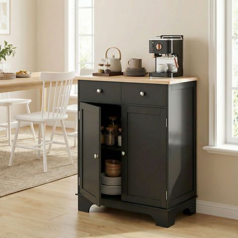 Meuble de rangement buffet salon avec placards, 2 tiroirs et étagères réglables, 68x40,3x85cm, noir et bois naturel