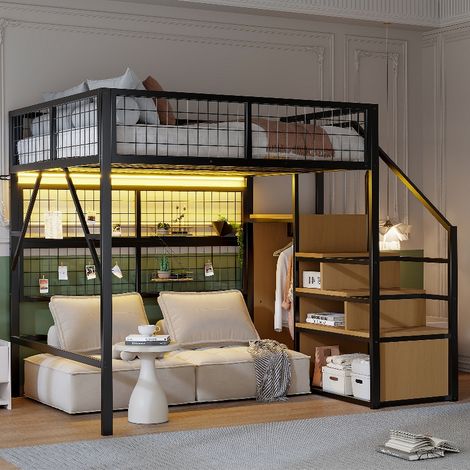 Metall-Hochbett 140x200 cm mit Stauraum-Treppe, offenem Kleiderschrank und App-gesteuerter LED-Beleuchtung, Jugendbett aus Eisen, Schwarz (1/5)