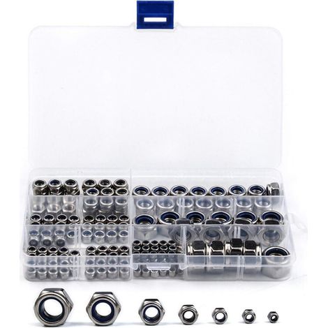 170 pièces - Écrous autobloquants - Écrous hexagonaux - Écrous Nylstop - Kit de boulons et écrous - Avec boîte de rangement - M3/M4/M5/M6/M8/M10/M12 - Acier inoxydable - Argent (1/4)