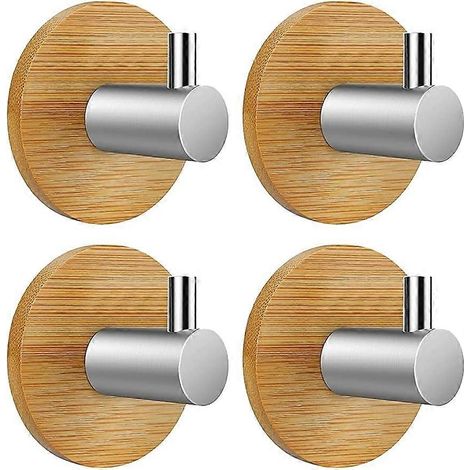 Crochet adhésif mural, crochet auto-adhésif pour salle de bain, cuisine, bureau, porte, lot de 4 (bambou et acier inoxydable) (1/3)