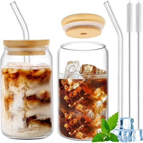 Gobelet Verre - Lot de 2 - Forme Canette - 400 ml - Avec Couvercle Bambou Et Paille - Pour Boissons Fraîches (1/5)