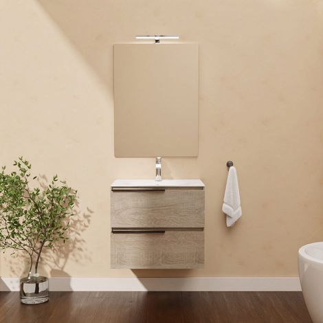 Mobile Bagno Sospeso 60 Cm Con 2 Cassetti Rovere Well, 2 Maniglie, Lavabo In Ceramica, Specchio E Lampada Led Berlin (1/5)