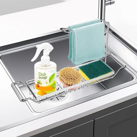 Rangement Evier cuisine,Evier Organisateur,égouttoir pour évier Acier Inoxydable,Porte éponge accessoire cuisine savon ou lavettes,Rangement Evier Télescopique (Argent) (1/5)