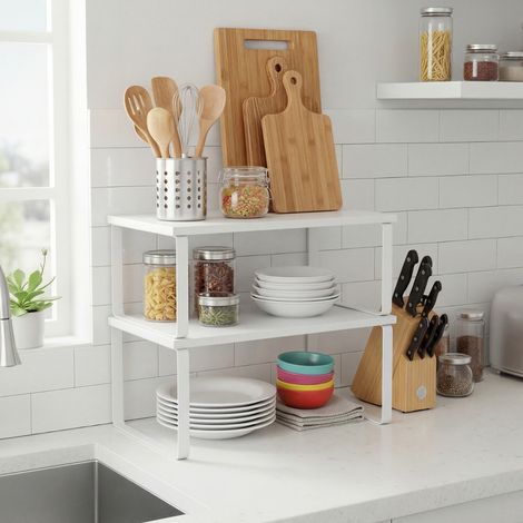 Étagère à Épices, Lot de 2, Extensible, Porte-épices Empilable, en Métal, Bois d’Ingénierie, Blanc (1/5)