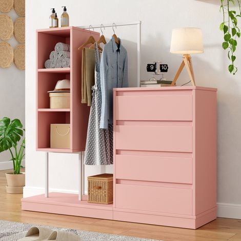 Armoire de rangement avec barre de penderie, 4 tiroirs, rose et blanc DESVIAE (1/5)
