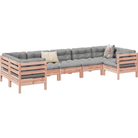 Salon de jardin 7 pièces en bois massif de douglas avec coussins gris - PANGIVO (1/5)