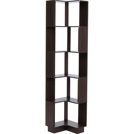 Libreria angolare HHG-922, scaffale elegante per soggiorno studio, 5 ripiani MDF melaminico 175x40x40 cm, color noce