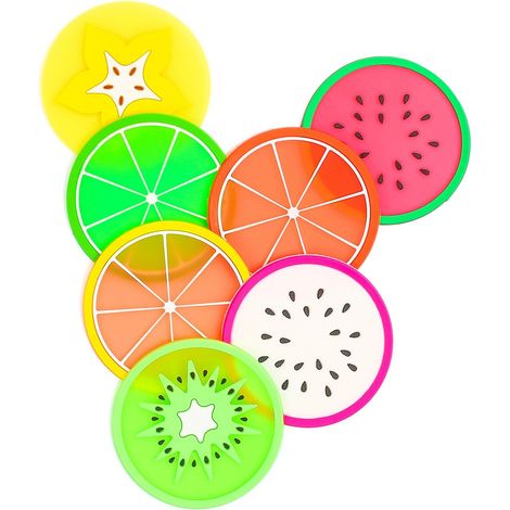Dessous de verre en forme de fruits, lot de 7, 8,9 cm, antidérapants, isolants thermiques, colorés et originaux, en silicone, pour protéger vos boissons, meubles et tables. (1/5)
