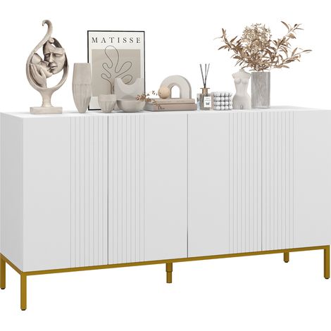 Credenza dal design grafico contemporaneo con 2 ante, ripiani regolabili, in legno bianco e finitura in metallo dorato.