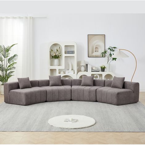 Divano modulare curvo, seduta stile tasti di pianoforte, con 2 cuscini, chenille grigio (1/5)