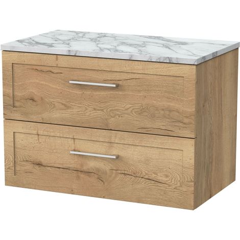 Stonnall Traditional Wall Hung 2 Drawers Vanity Unit with Carrera Marble Laminate Worktop, 800mm, Autumn Oak