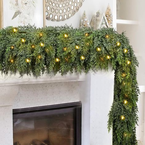 JSSEVN - Guirnaldas navideñas artificiales para chimenea, pared, uso interior y exterior, decoración navideña (2,7 m de grosor con luces) (1/5)