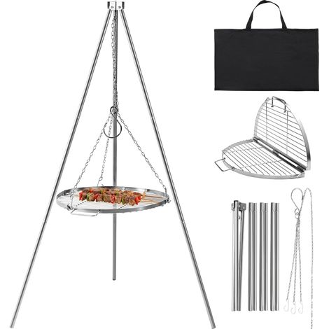 Barbecue pivotant avec grille de cuisson, chaînes réglables en hauteur en acier inoxydable, barbecue pivotant en acier inoxydable avec grille de cuisson ronde et sac de transport pour barbecue (1/5)
