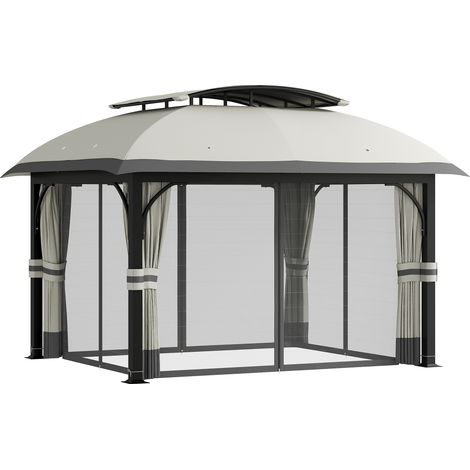 Pavillon à double toit, 4x3,3 m, résistant à l'eau, stable, hiver, pavillon de jardin avec moustiquaire, côtés, pavillon de jardin en métal galvanisé, pour jardin, terrasse, gris clair (1/5)