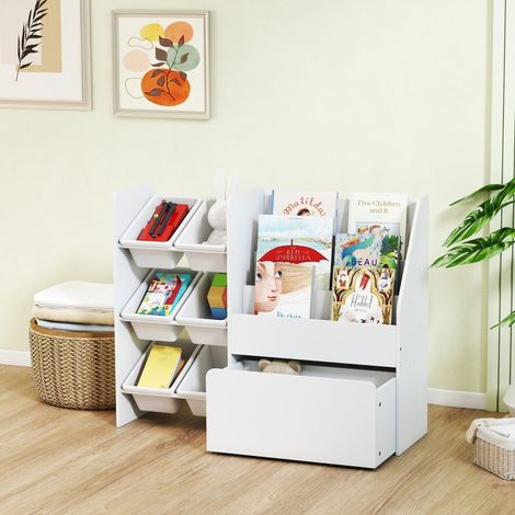 Étagère à jouets - blanc - étagère pour la salle des enfants avec 6 bacs - boîte roulante - MDF - 100 x 30 x 80 cm - acier