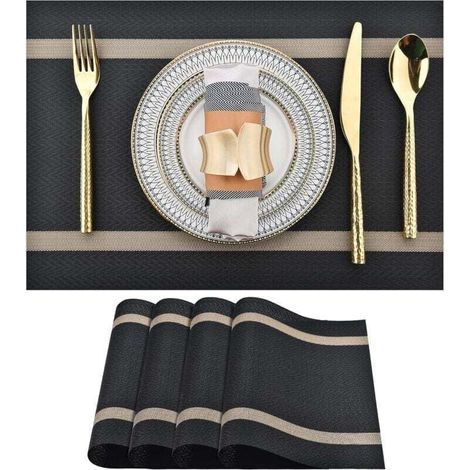 Lot de 4 sets de table noirs – Sets de table en vinyle lavables, modernes, durables et faciles à nettoyer – Sets de table résistants à la chaleur pour la table de cuisine (Rayés noirs, 4 pièces) (1/5)
