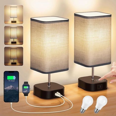 Lampe de Chevet Tactile Lot de 2 - Lampes de Table 3 Intensité avec USB C+A Ports à Charge, Lampe Chambre de Moderne Abat-jour
