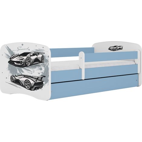 Lit enfant et adolescent 80 x 180 cm avec tiroir et barrière amovible bleu, motif voiture de sport (1/4)