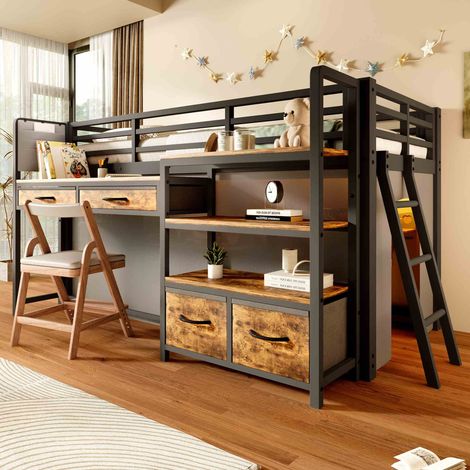 Lit mezzanine en métal 90x200 cm avec bureau, étagères, tiroirs en tissu et LED, lit enfant avec rideau et espace de rangement - Noir (1/5)