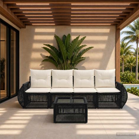 Salon de jardin 5 pièces modulable en polyrotin noir et blanc crème, 43.65kg - PANGIVO (1/5)