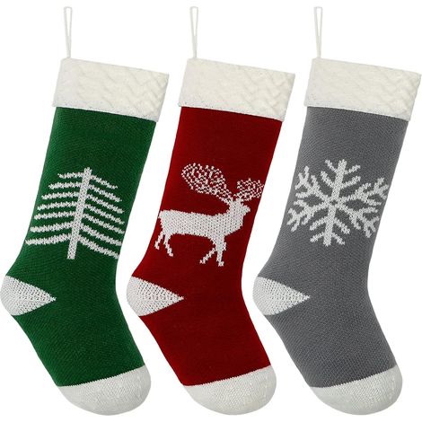 Lot de 3 grandes chaussettes de Noël tricotées avec des flocons de neige, Dee (1/5)