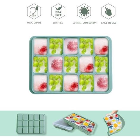 Bac A Glacons - Silicone Alimentaire Sans BPA - 15 Moules Par Bac - Empilable Avec Couvercle - Pour Whisky Et Aliments Bebe - Lot De 2 (1/4)