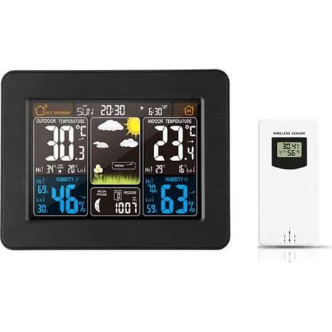 Station météo sans Fil avec capteur extérieur Thermomètre Hygromètre Baromètre Phase de la Lune Écran LCD Coloré -noir (1/4)