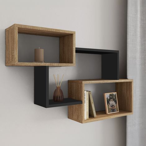 Estantería de pared de doble posición LOUANE haya y madera de aspecto negro