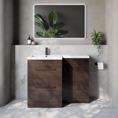 Napoli 460 Brown Oak 1100mm 2 Drawer Vanity Unit Toilet Suite with Left Hand Square Lucia Basin - 1100mm - Matt Black 320mm HandleWithout Kingston Toilet Pan