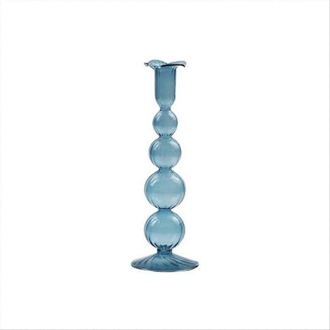 Bougeoir en verre bleu transparent, style vintage, porte-bougie décoratif en verre soufflé, élégant et rétro, idéal pour ambiance chaleureuse, pièce unique. (1/5)