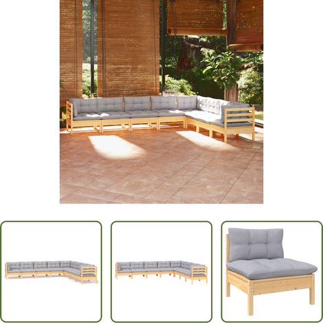 Gartenmöbel - 8-tlg. Garten-Lounge-Set mit Grauen Kissen Kiefer Massivholz (1/5)