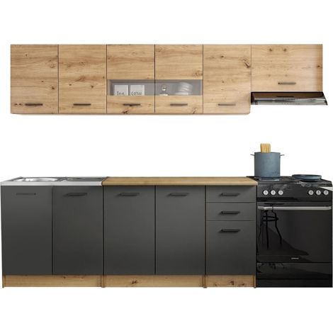 Conjunto de cocina Houston 1182, Roble Artisan + Gris mate + Roble wotan, 260x60cm, Encimera, Aglomerado laminado, Vidrio, Aglomerado laminado