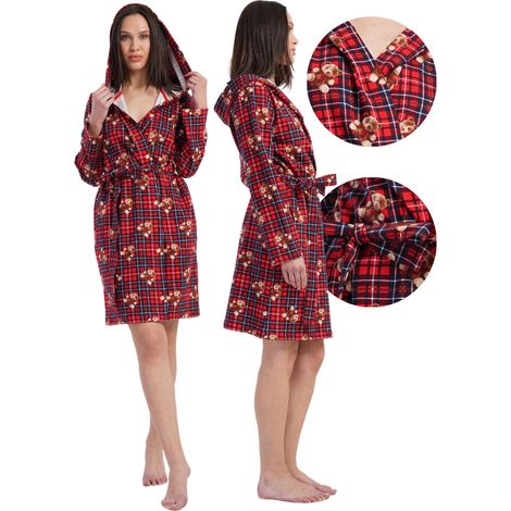 Vienetta Damen-Baumwollbademantel mit Kapuze zum Binden, warm, weich, XL (1/5)