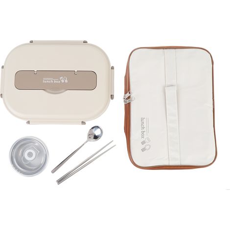 Boîte Déjeuner 316 Inox 1500ml Portable avec Bol Soupe Cuillère Baguettes Sac – Multi Compartiments Réutilisable Aliments Travail, Beige (1/5)