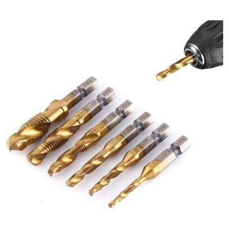 6Pcs/Set M3 to M10 Titanum Coated HSS Drill Bits and Tapping Bits 1/4 Hex Shank Metric Thread (1/4)