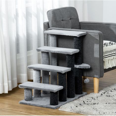 Échelle pour chat 64 cm à 4 marches avec plateforme et balle, jute et peluche, gris, OKWISH (1/5)