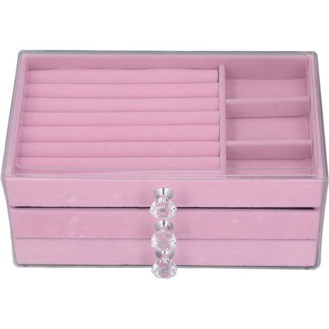 Coffret de rangement transparent pour bijoux en acrylique, 3 tiroirs, présentoir à boucles d'oreilles et colliers, étui de classement rose. (1/5)