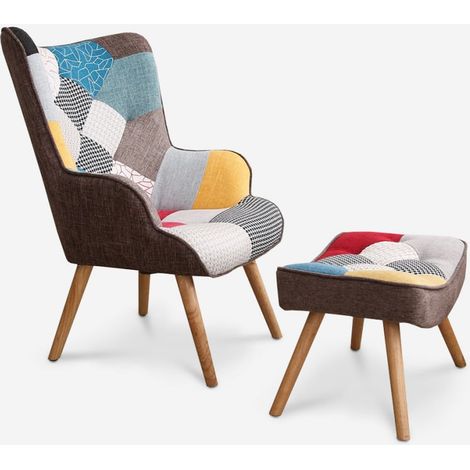 Ahd Amazing Home Design – Fauteuil patchwork moderne avec pouf repose-pieds – Structure en bois robuste – Tissu multicolore – Confort optimal pour coin lecture (1/3)