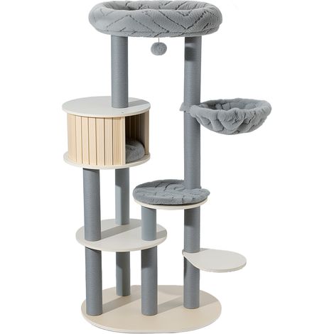 Fudajo Urban Studio Albero tiragraffi grigio da 163 cm, albero per gatti con casetta, amaca per gatti, cuccia e tronchi tiragraffi in corda di carta (1/5)