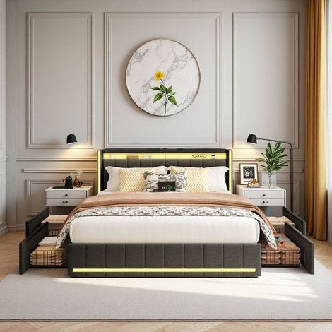 Letto matrimoniale 180x200 - Testiera imbottita in lino grigio - LED RGB integrato - 4 cassetti in metallo - USB-A e Type-C