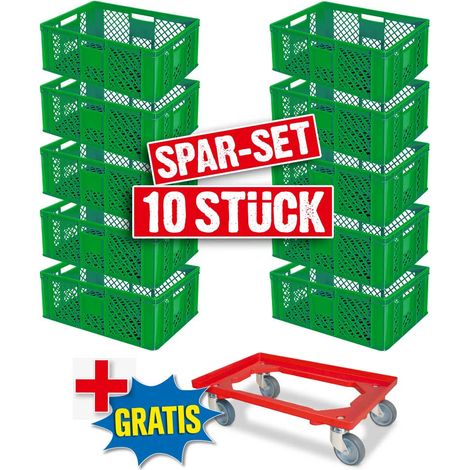 BRB 10 Eurobehälter, LxBxH 600x400x240 mm, lebensmittelecht + 1 Transportroller (grün/rot) (1/2)