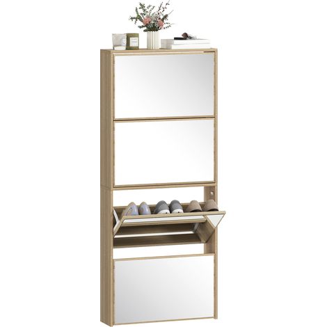 HOMCOM zapatero estrecho con espejo, 4 puertas abatibles, zapatero entrada recibidor para 12 pares de zapatos, para pasillo, 63x17x146 cm, natural