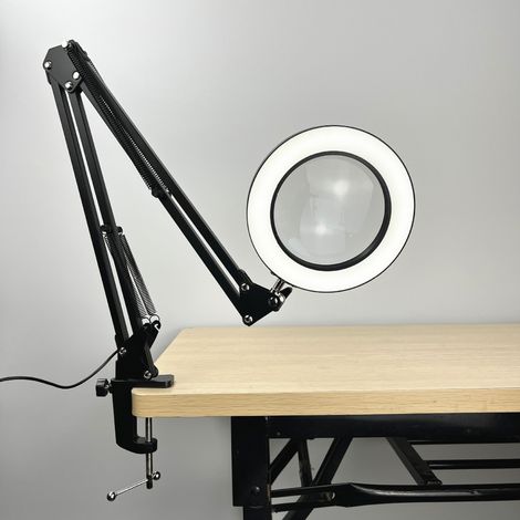 Vergrößerungslampe, Schreibtischlampe mit 10-facher Vergrößerung und LED, beleuchtete Lupe mit Metallklemme und verstellbarem Schwenkarm, 3 Farbmodi, 10 Helligkeitsstufen für Bastelarbeiten und Repara