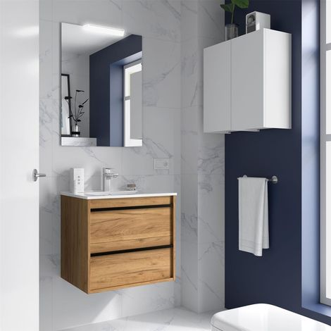 Ensemble complet ATTILA 800 2 tiroirs CHÊNE AFRIQUE + meuble-lavabo + miroir + lampe (1/2)