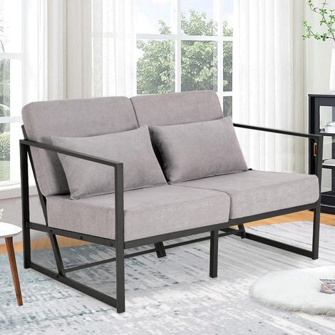 2-Sitzer Sofa gepolstert mit Armlehnen, hellgrau, Eisenbeine (1/5)