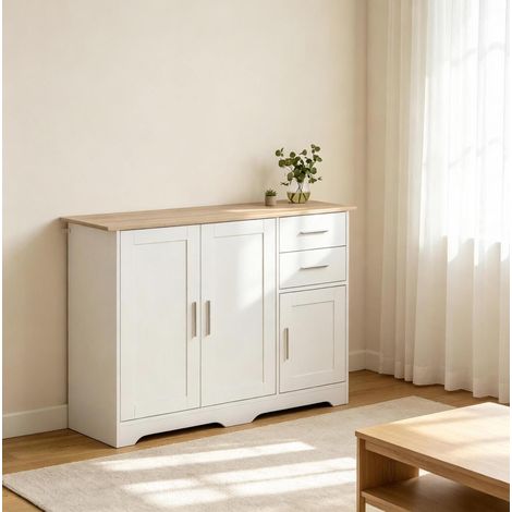 Modernes Sideboard mit 2 Schubladen und 2 Schränken 100 x 40 x 78 cm Weiß Holzoptik OKWISH (1/5)